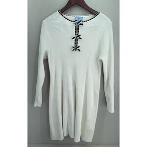 CECE White/Black Long Sleeve Bow Ribbed Knit Pocketed A-Line Sweater Dress L